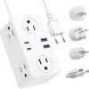 European Travel Plug Adapter, EU/UK/US Travel Plug Adapter Power Strip, 6 AC Outlets, 4 USB Ports (2 USB C), 3ft Wrapped Around Extension Cord, Compact for Travel