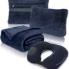 Travel Blanket and Pillow Set - Portable Inflatable Travel Neck Pillow and Premium Soft Airplane Blanket with Built-in Soft Bag, Neck Snaps, Zippered Pouch,and Hand Luggage Strap,70" x 40" (Navy Blue)